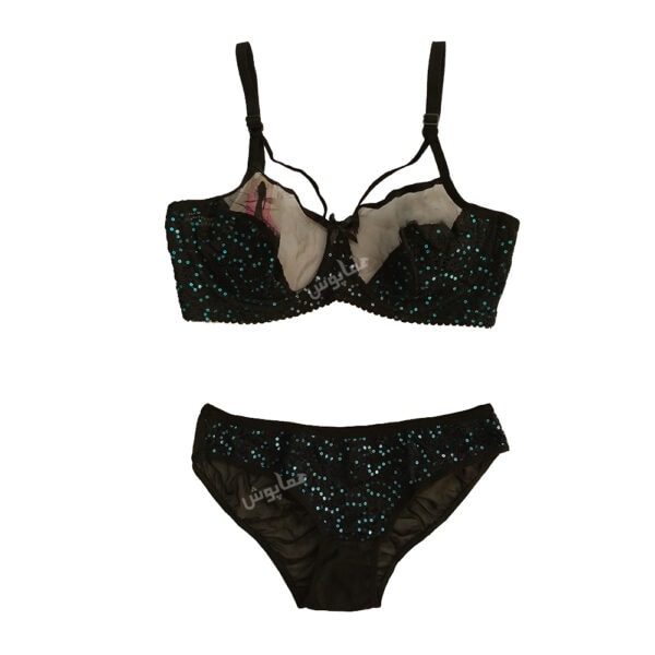 ست شورت و سوتین توری پولک دوزی فنردار مدل هارنس مشکی